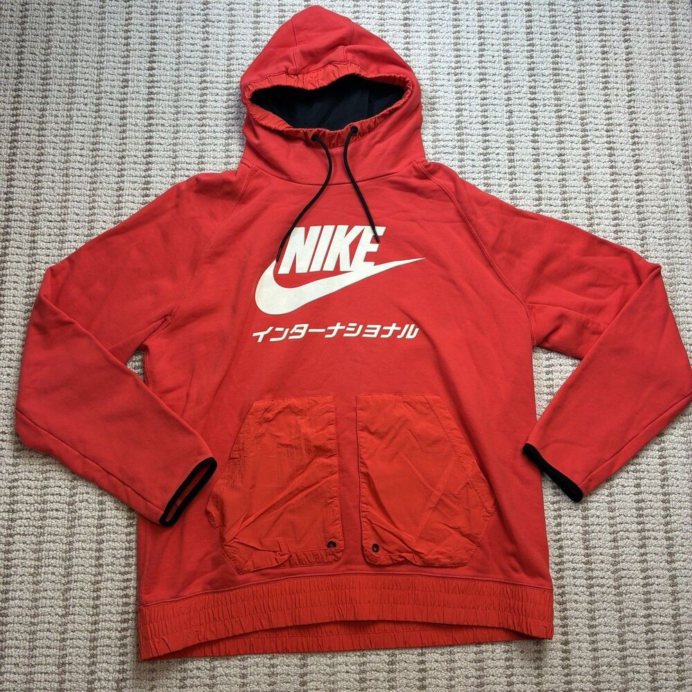 Nike Sportswear International Japanese Orange Hoodie Pullover Sweatshirt Mens XL